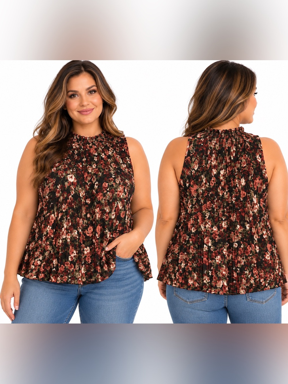 Rickis M Black Rust Floral Sleeveless Pleated High Neck Blouse